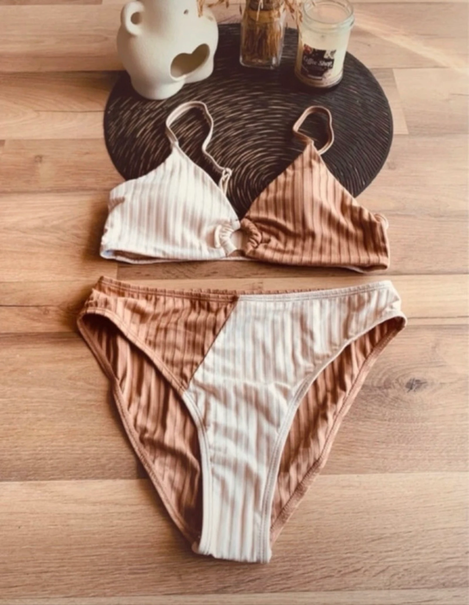 Maillot de bain 2 pièces marron/crème côtelé fille - Taille 14 ans/XXS 